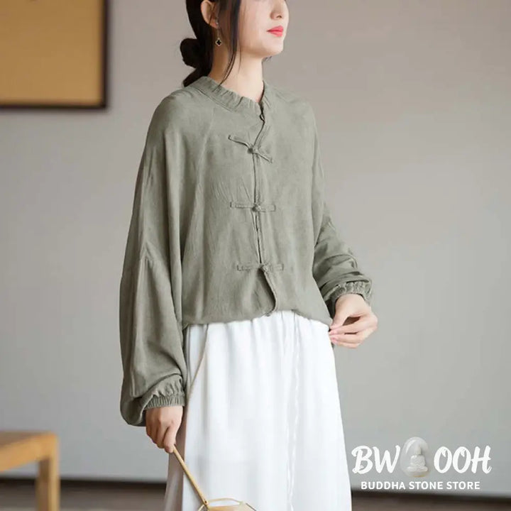Buddha Stones Frog-Button Long Sleeve Shirt Zen Tai Chi Meditation Top Hanfu Clothing Jacket - Long Sleeve Shirt