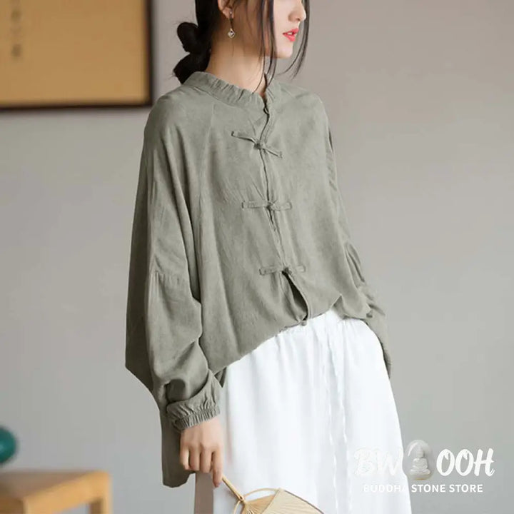 Buddha Stones Frog-Button Long Sleeve Shirt Zen Tai Chi Meditation Top Hanfu Clothing Jacket - Long Sleeve Shirt