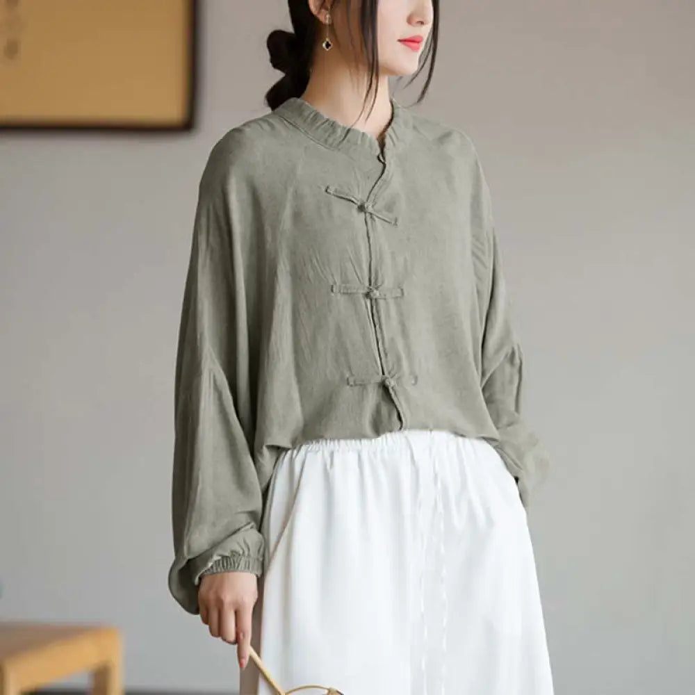 Buddha Stones Frog-Button Long Sleeve Shirt Zen Tai Chi Meditation Top Hanfu Clothing Jacket - Gray(Bust 162cm)(Top