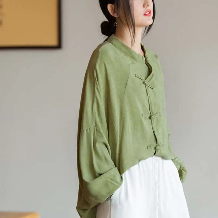 Buddha Stones Frog-Button Long Sleeve Shirt Zen Tai Chi Meditation Top Hanfu Clothing Jacket - Green(Bust 162cm)(Top