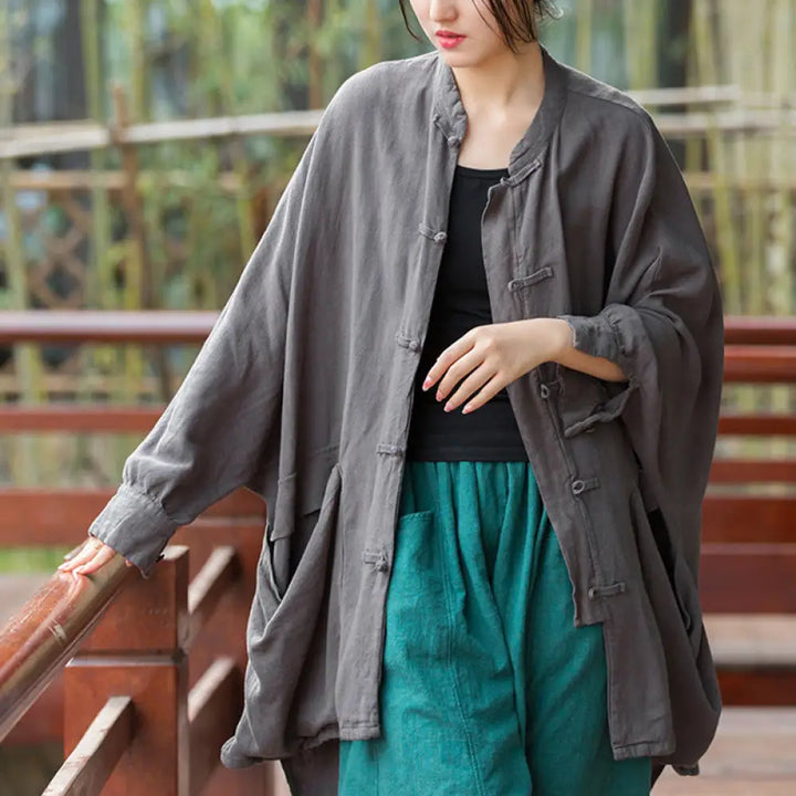 Buddha Stones Frog-Button Long Sleeve Zen Meditation Open Front Jacket With Pockets - Gray，US4-14，UK/AU8-18，EU36-46 (F)