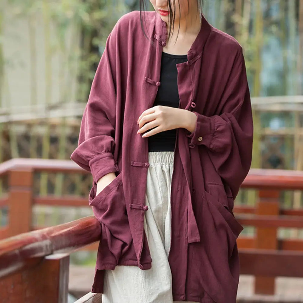 BWOOOH Frog-Button Long Sleeve Zen Meditation Open Front 