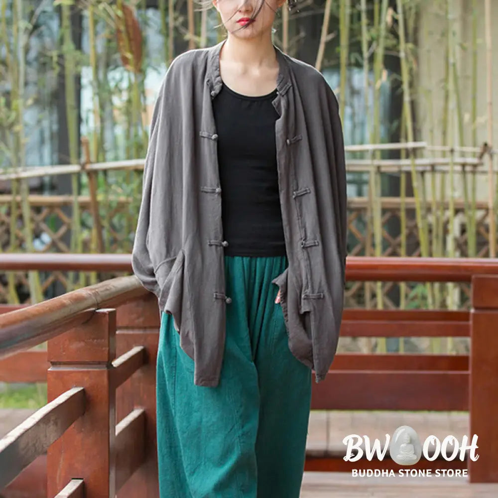 Buddha Stones Frog-Button Long Sleeve Zen Meditation Open Front Jacket With Pockets - Women’s Kimono