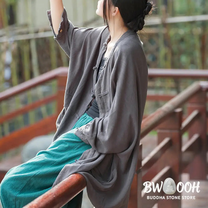Buddha Stones Frog-Button Long Sleeve Zen Meditation Open Front Jacket With Pockets - Women’s Kimono