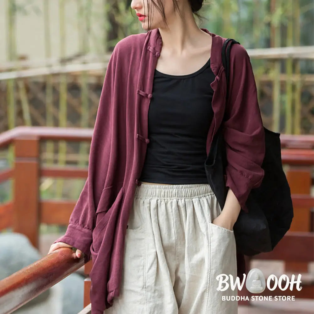 Buddha Stones Frog-Button Long Sleeve Zen Meditation Open Front Jacket With Pockets - Women’s Kimono
