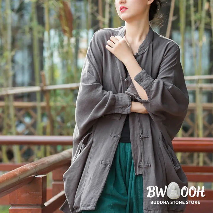 Buddha Stones Frog-Button Long Sleeve Zen Meditation Open Front Jacket With Pockets - Women’s Kimono