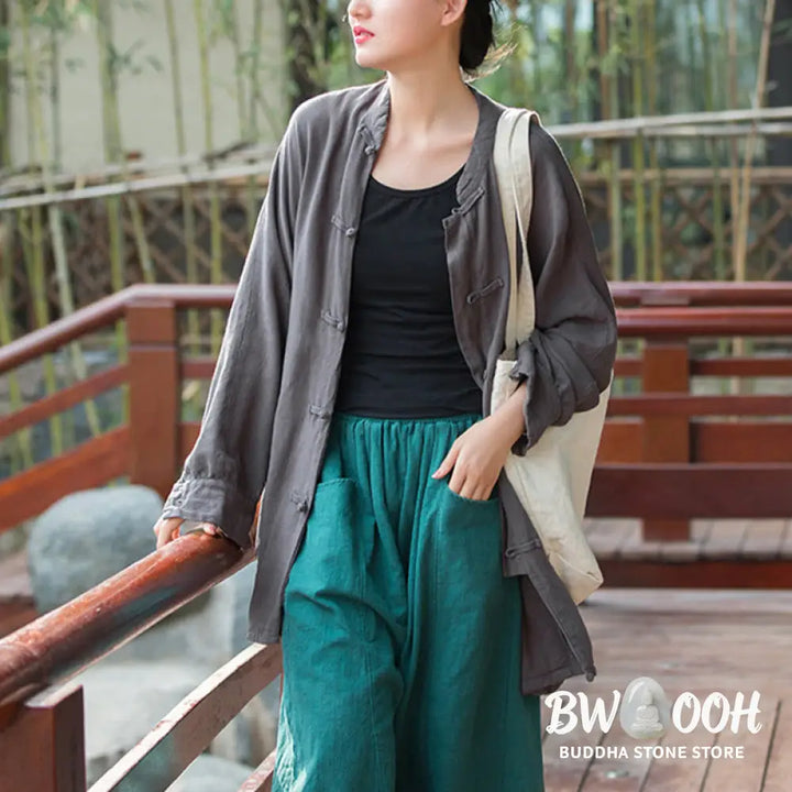Buddha Stones Frog-Button Long Sleeve Zen Meditation Open Front Jacket With Pockets - Women’s Kimono