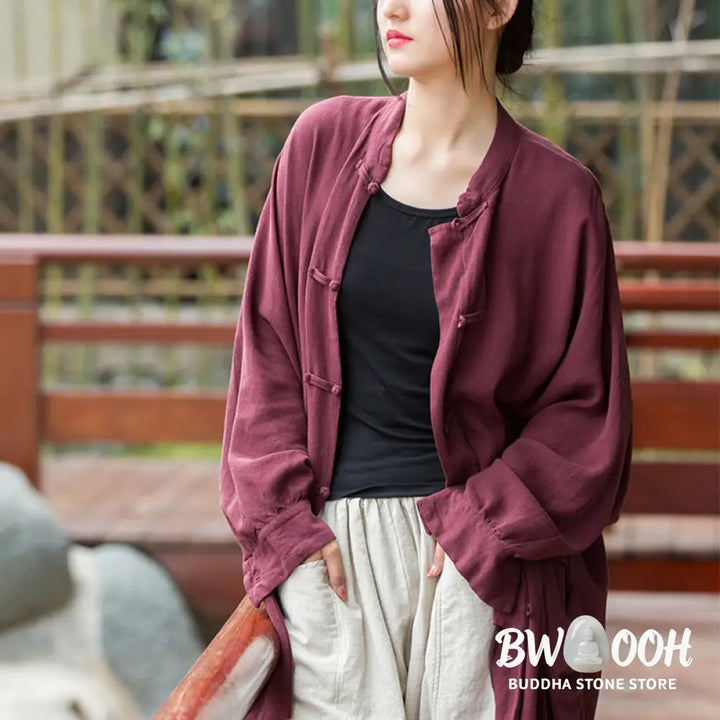 Buddha Stones Frog-Button Long Sleeve Zen Meditation Open Front Jacket With Pockets - Women’s Kimono
