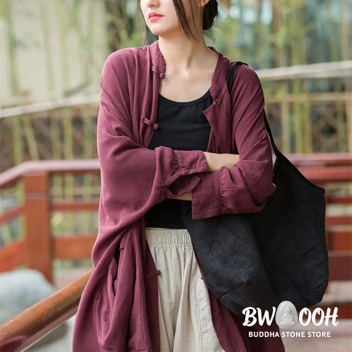 Buddha Stones Frog-Button Long Sleeve Zen Meditation Open Front Jacket With Pockets - Women’s Kimono