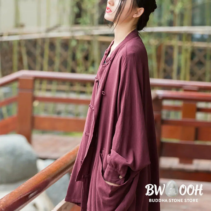 Buddha Stones Frog-Button Long Sleeve Zen Meditation Open Front Jacket With Pockets - Women’s Kimono