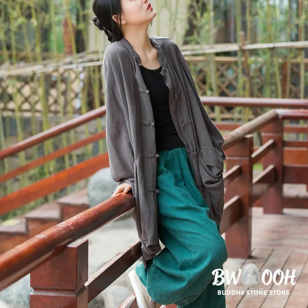 Buddha Stones Frog-Button Long Sleeve Zen Meditation Open Front Jacket With Pockets - Women’s Kimono