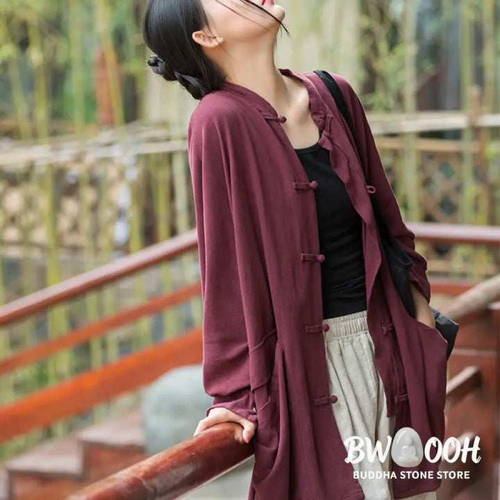 Buddha Stones Frog-Button Long Sleeve Zen Meditation Open Front Jacket With Pockets - Women’s Kimono