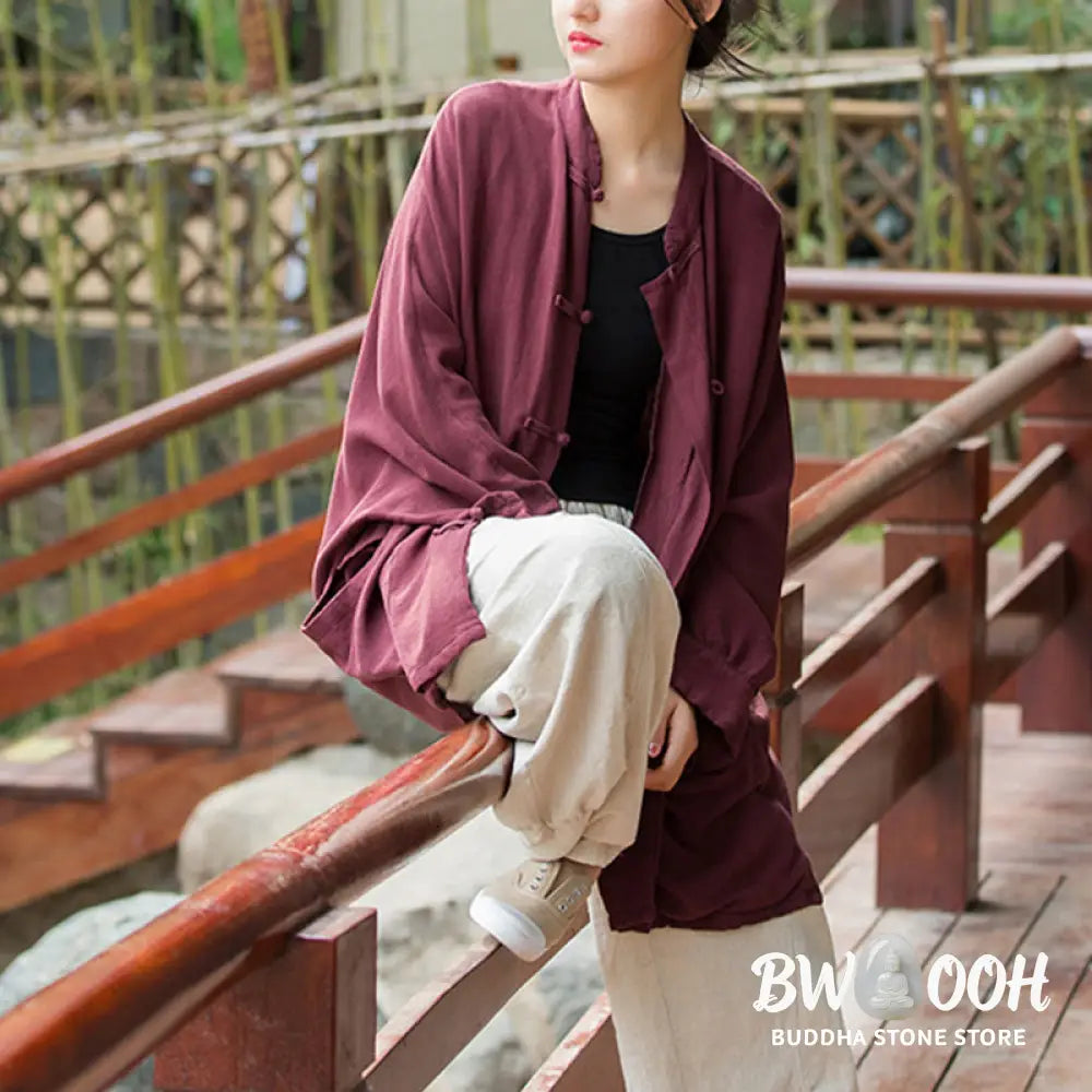 Buddha Stones Frog-Button Long Sleeve Zen Meditation Open Front Jacket With Pockets - Women’s Kimono