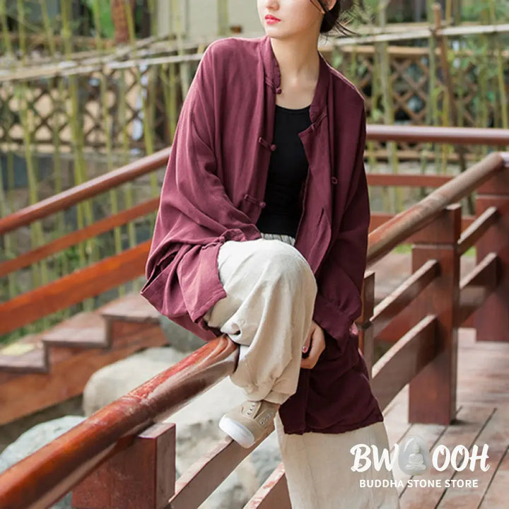 Buddha Stones Frog-Button Long Sleeve Zen Meditation Open Front Jacket With Pockets - Women’s Kimono