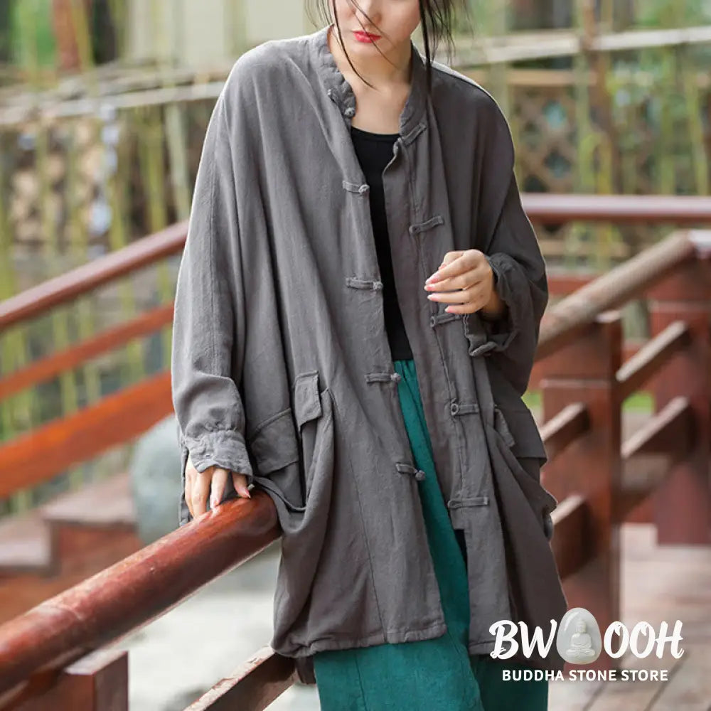 Buddha Stones Frog-Button Long Sleeve Zen Meditation Open Front Jacket With Pockets - Women’s Kimono