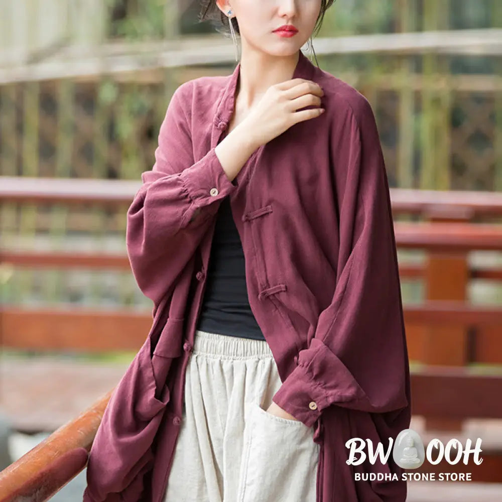 Buddha Stones Frog-Button Long Sleeve Zen Meditation Open Front Jacket With Pockets - Women’s Kimono