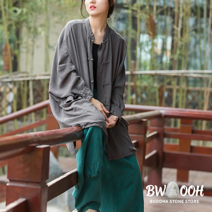 Buddha Stones Frog-Button Long Sleeve Zen Meditation Open Front Jacket With Pockets - Women’s Kimono