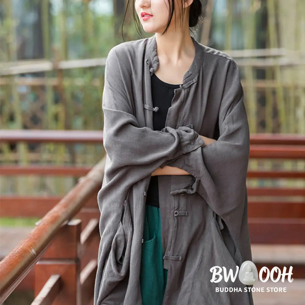 Buddha Stones Frog-Button Long Sleeve Zen Meditation Open Front Jacket With Pockets - Women’s Kimono