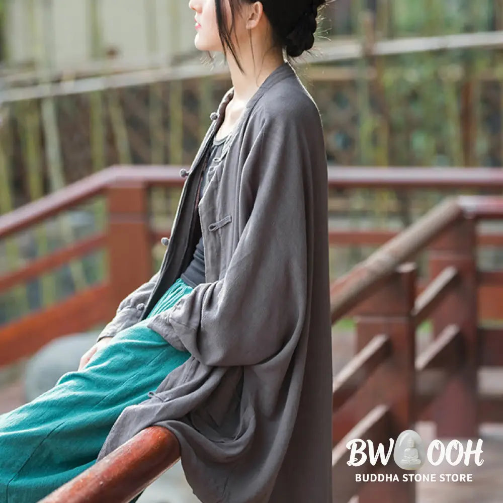 Buddha Stones Frog-Button Long Sleeve Zen Meditation Open Front Jacket With Pockets - Women’s Kimono