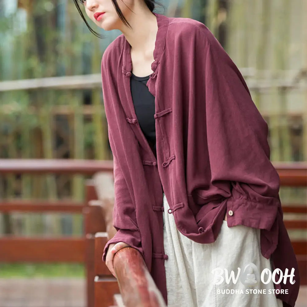 Buddha Stones Frog-Button Long Sleeve Zen Meditation Open Front Jacket With Pockets - Women’s Kimono