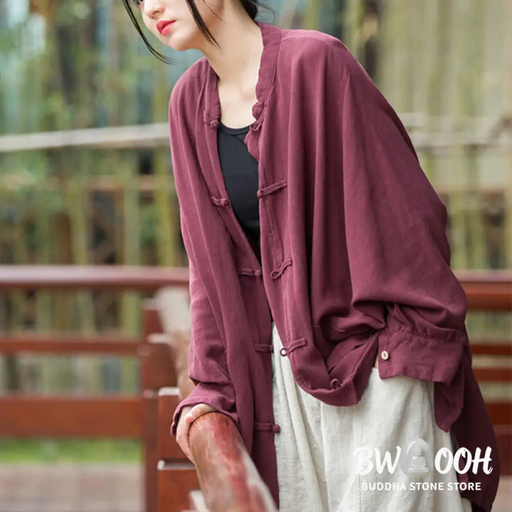 Buddha Stones Frog-Button Long Sleeve Zen Meditation Open Front Jacket With Pockets - Women’s Kimono