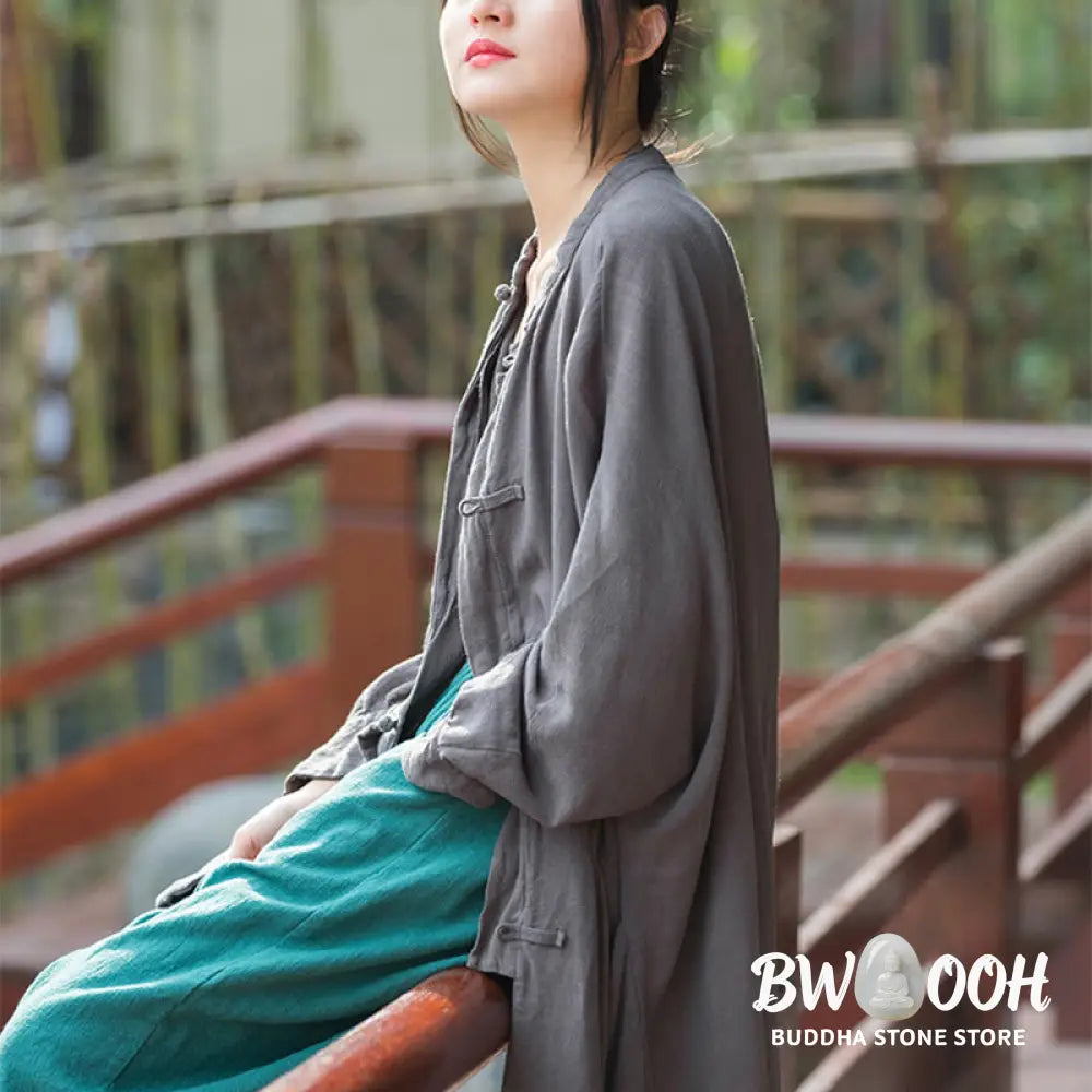 Buddha Stones Frog-Button Long Sleeve Zen Meditation Open Front Jacket With Pockets - Women’s Kimono
