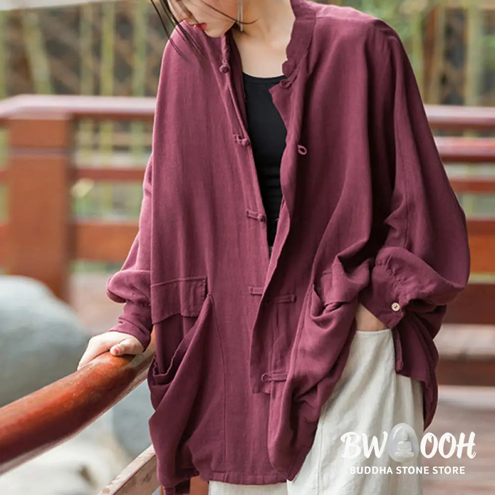 Buddha Stones Frog-Button Long Sleeve Zen Meditation Open Front Jacket With Pockets - Women’s Kimono