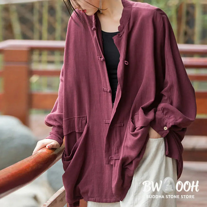 Buddha Stones Frog-Button Long Sleeve Zen Meditation Open Front Jacket With Pockets - Women’s Kimono