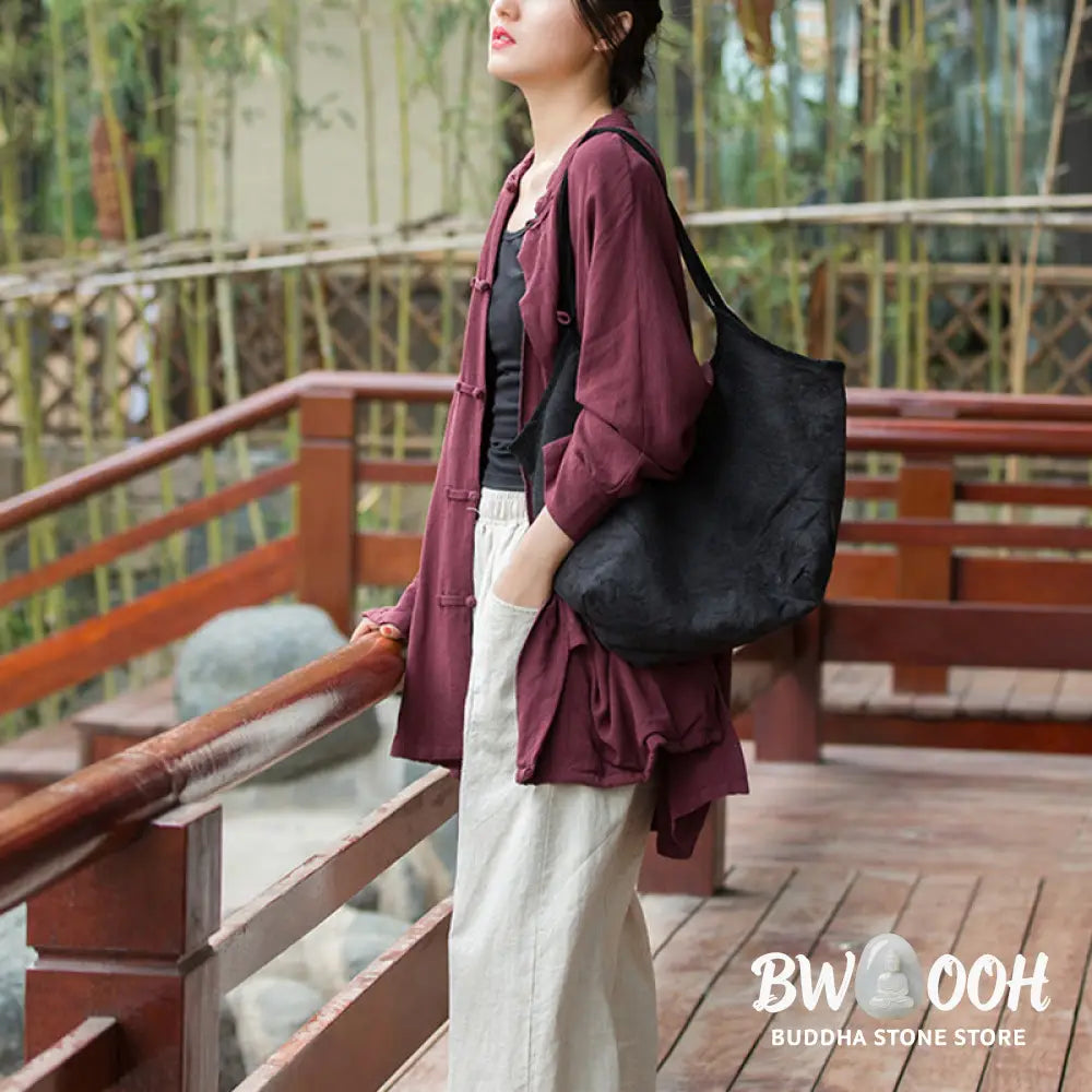 Buddha Stones Frog-Button Long Sleeve Zen Meditation Open Front Jacket With Pockets - Women’s Kimono