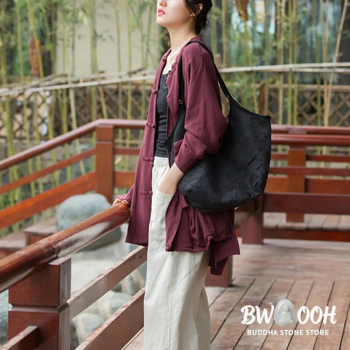 Buddha Stones Frog-Button Long Sleeve Zen Meditation Open Front Jacket With Pockets - Women’s Kimono