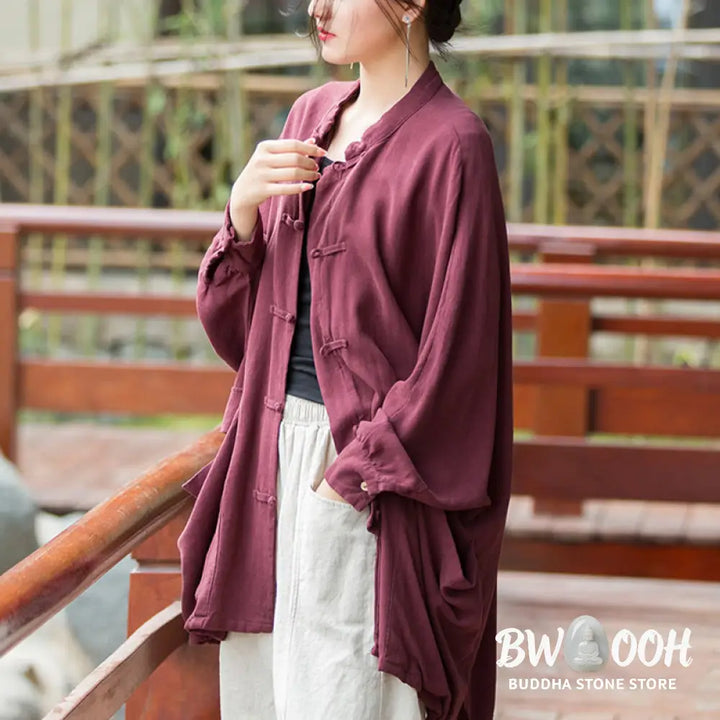 Buddha Stones Frog-Button Long Sleeve Zen Meditation Open Front Jacket With Pockets - Women’s Kimono
