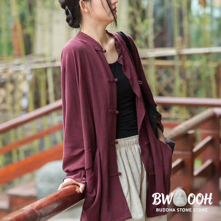 Buddha Stones Frog-Button Long Sleeve Zen Meditation Open Front Jacket With Pockets - Women’s Kimono