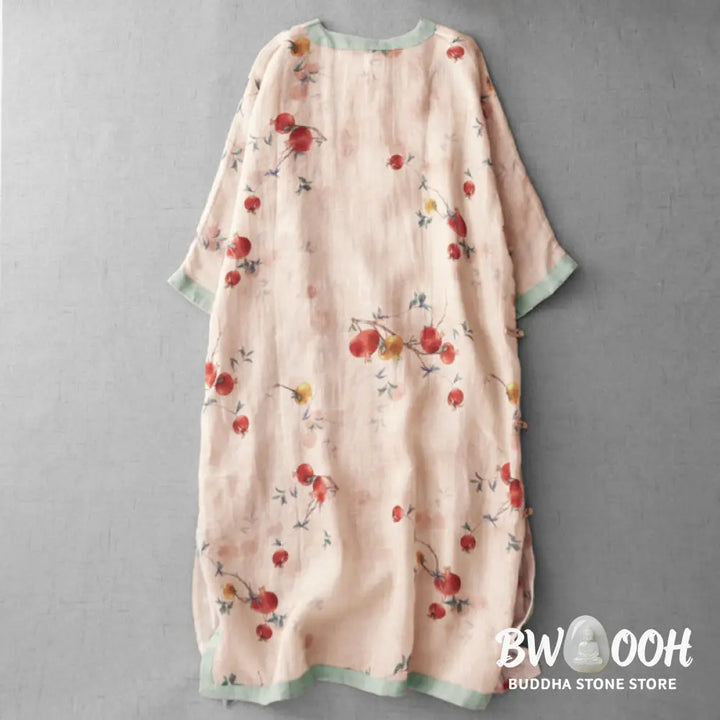 Buddha Stones Frog-Button Orchid Pomegranate Flowers Pattern Side Slit Design Half Sleeve Midi Dress - Midi Dress
