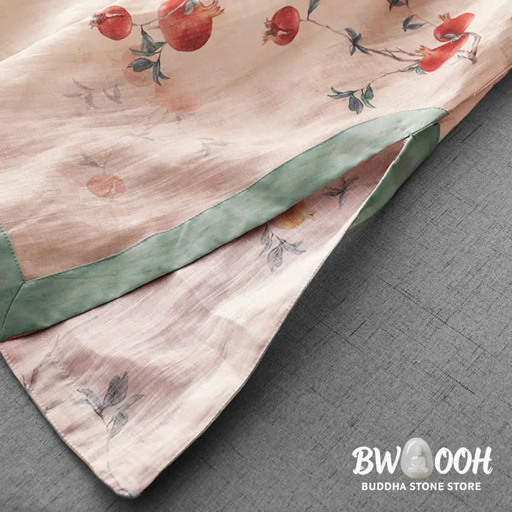 Buddha Stones Frog-Button Orchid Pomegranate Flowers Pattern Side Slit Design Half Sleeve Midi Dress - Midi Dress
