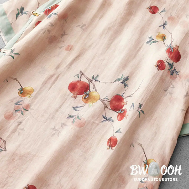 Buddha Stones Frog-Button Orchid Pomegranate Flowers Pattern Side Slit Design Half Sleeve Midi Dress - Midi Dress