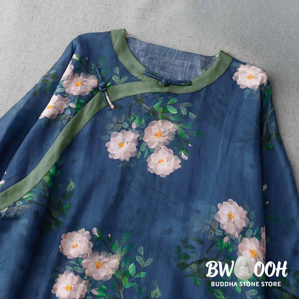 Buddha Stones Frog-Button Orchid Pomegranate Flowers Pattern Side Slit Design Half Sleeve Midi Dress - Midi Dress
