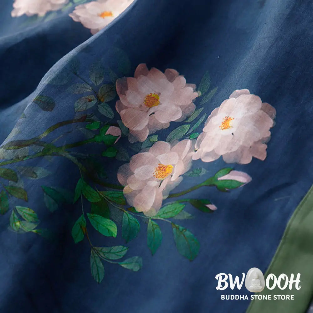 Buddha Stones Frog-Button Orchid Pomegranate Flowers Pattern Side Slit Design Half Sleeve Midi Dress - Midi Dress