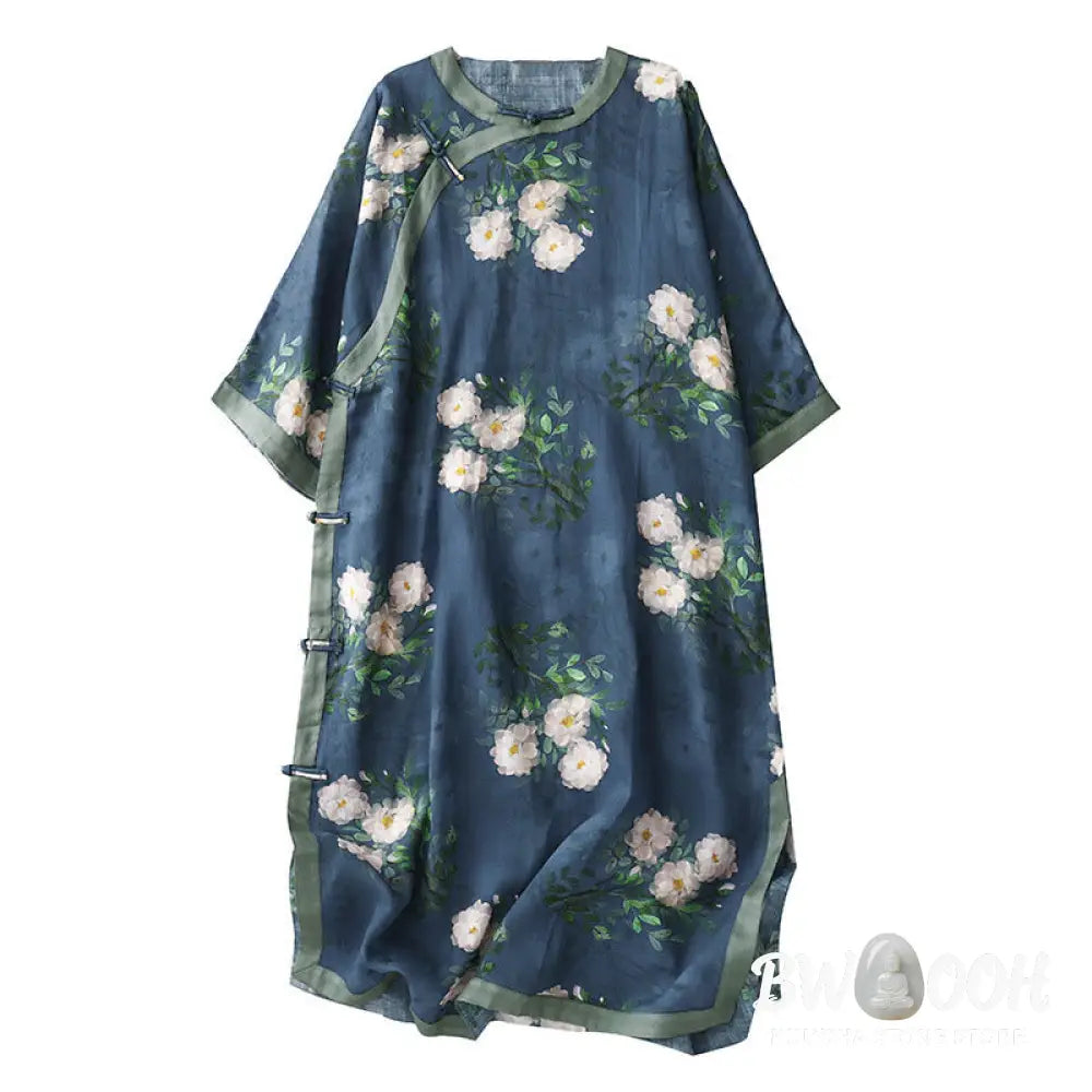 Buddha Stones Frog-Button Orchid Pomegranate Flowers Pattern Side Slit Design Half Sleeve Midi Dress - Midi Dress