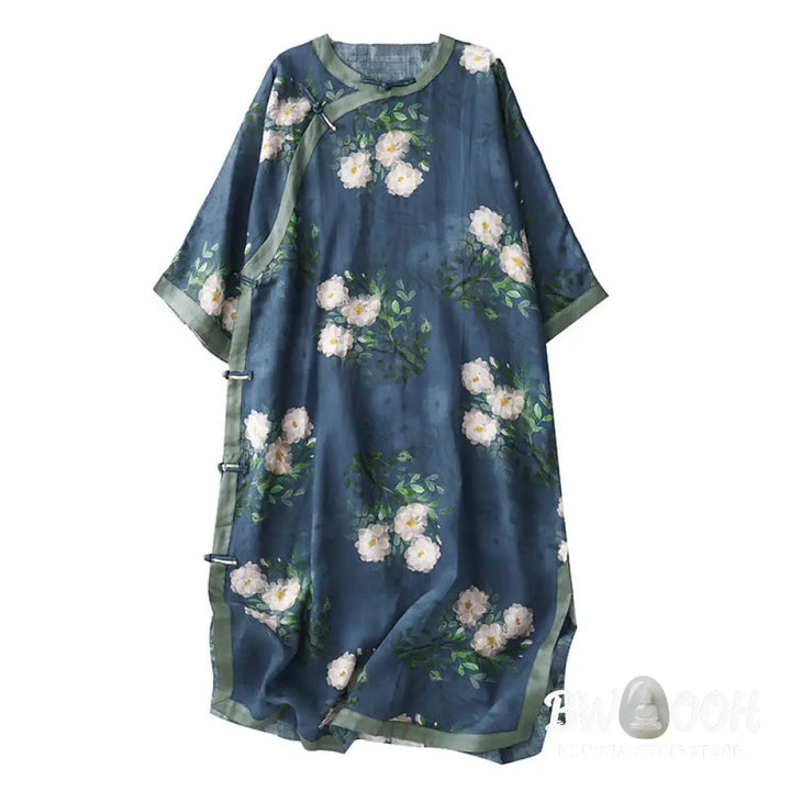 Buddha Stones Frog-Button Orchid Pomegranate Flowers Pattern Side Slit Design Half Sleeve Midi Dress - Midi Dress