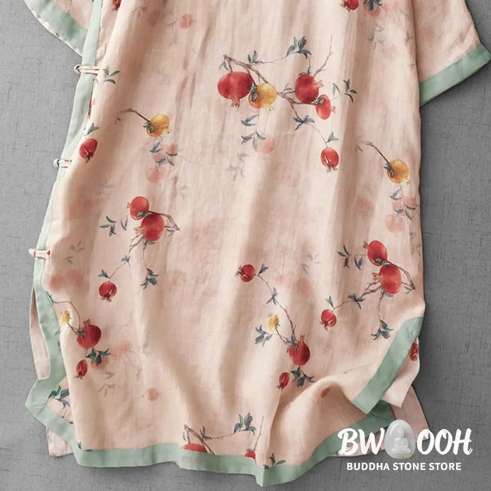 Buddha Stones Frog-Button Orchid Pomegranate Flowers Pattern Side Slit Design Half Sleeve Midi Dress - Midi Dress