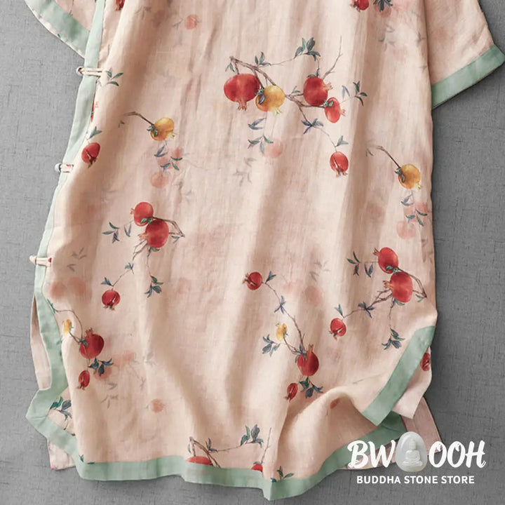 Buddha Stones Frog-Button Orchid Pomegranate Flowers Pattern Side Slit Design Half Sleeve Midi Dress - Midi Dress