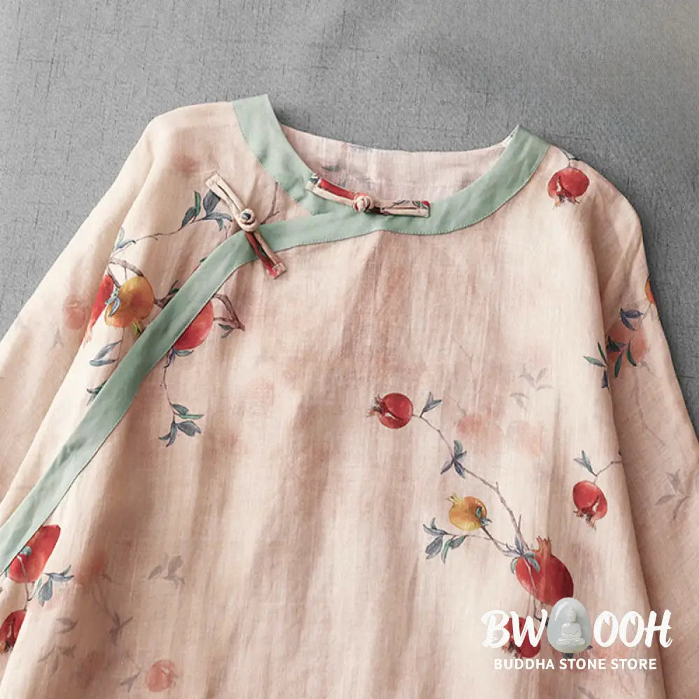 Buddha Stones Frog-Button Orchid Pomegranate Flowers Pattern Side Slit Design Half Sleeve Midi Dress - Midi Dress