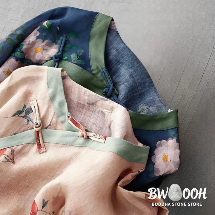 Buddha Stones Frog-Button Orchid Pomegranate Flowers Pattern Side Slit Design Half Sleeve Midi Dress - Midi Dress