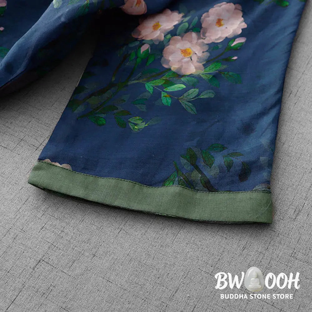 Buddha Stones Frog-Button Orchid Pomegranate Flowers Pattern Side Slit Design Half Sleeve Midi Dress - Midi Dress