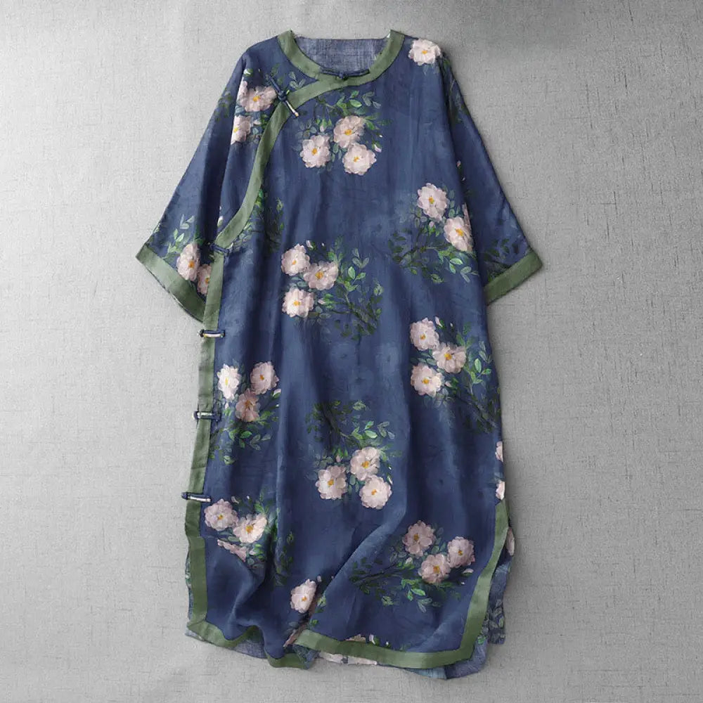 Buddha Stones Frog-Button Orchid Pomegranate Flowers Pattern Side Slit Design Half Sleeve Midi Dress - DarkBlue