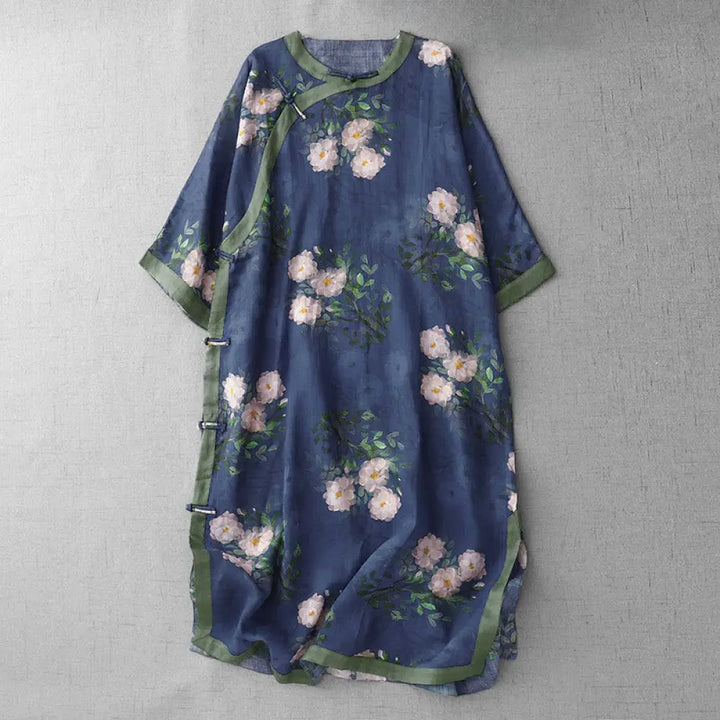 Buddha Stones Frog-Button Orchid Pomegranate Flowers Pattern Side Slit Design Half Sleeve Midi Dress - DarkBlue