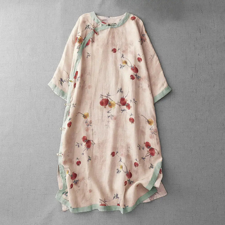 Buddha Stones Frog-Button Orchid Pomegranate Flowers Pattern Side Slit Design Half Sleeve Midi Dress - PeachPuff