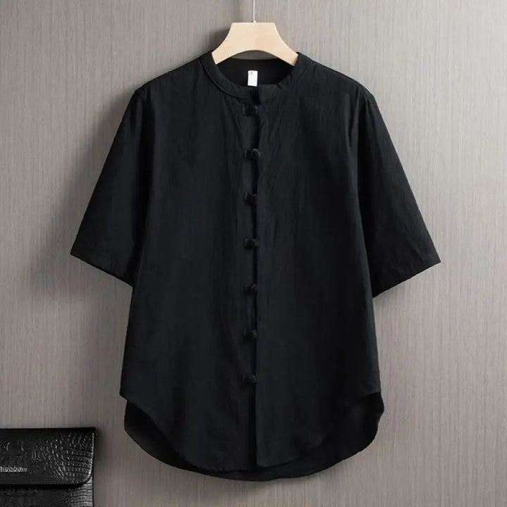 Buddha Stones Frog-Button Plain Chinese Tang Suit Short Sleeve Shirt Cotton Linen Men Clothing - Black