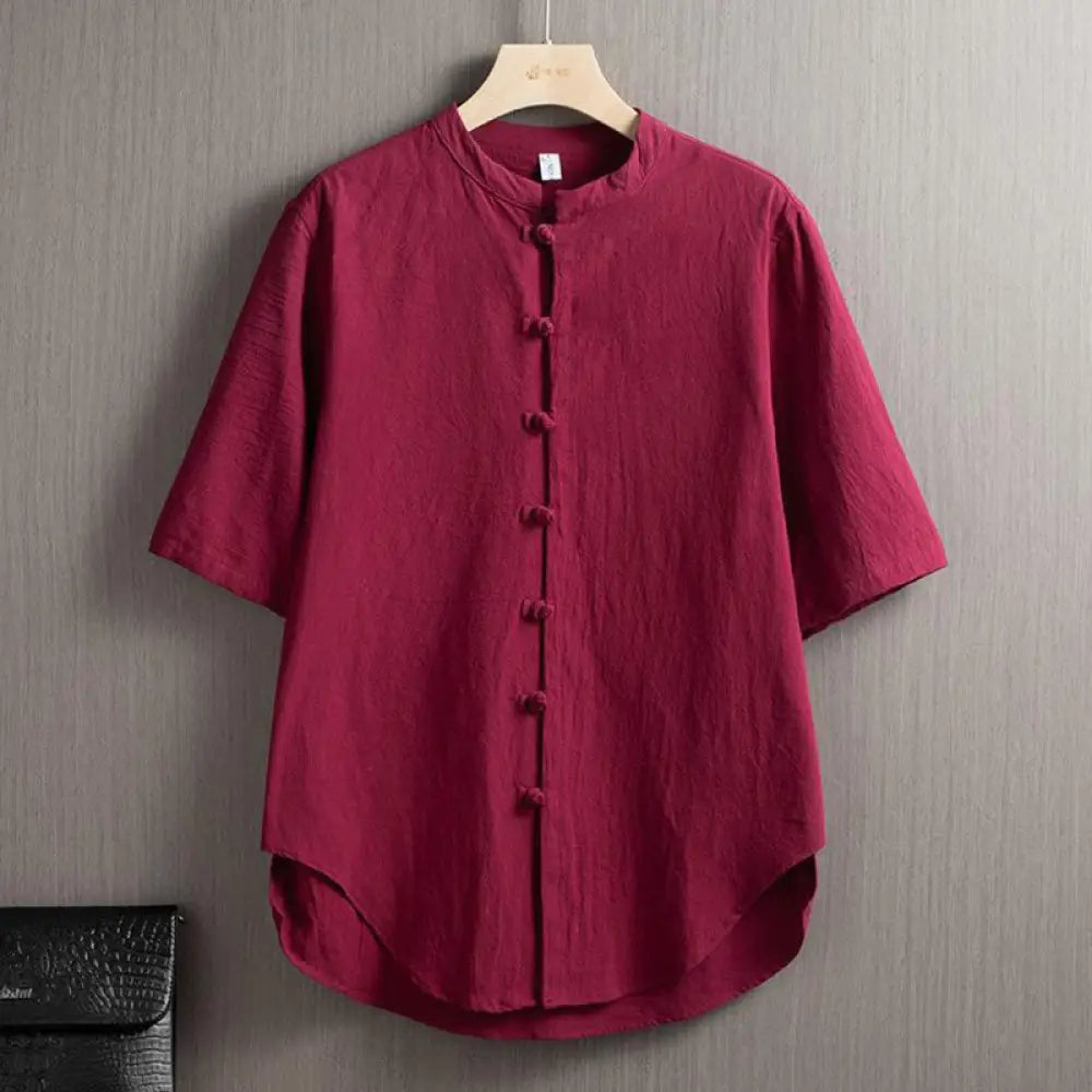 Buddha Stones Frog-Button Plain Chinese Tang Suit Short Sleeve Shirt Cotton Linen Men Clothing - IndianRed