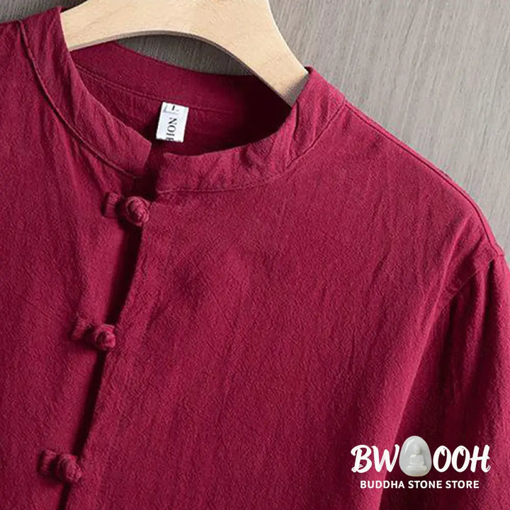 Buddha Stones Frog-Button Plain Chinese Tang Suit Short Sleeve Shirt Cotton Linen Men Clothing - Men’s Shirts